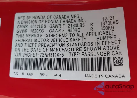 2022 Honda Civic Ex из США, поврежденный, VIN 2HGFE1F73NH311075